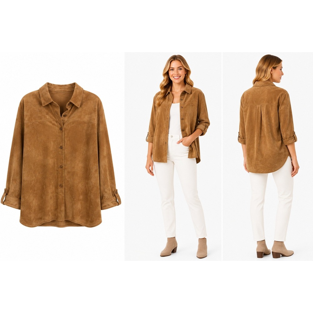 North‎ West Blue Shirt Jacket Womens XL Brown Leather Suede Button Front Shacket